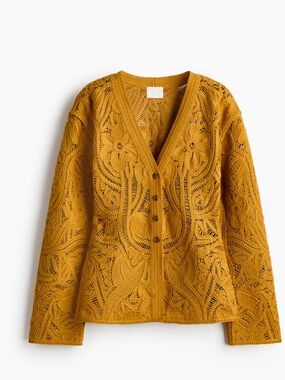 H&M Crochet-Look Cardigan Mustard Yellow V-Neck Button Front Slim Fit Size XL